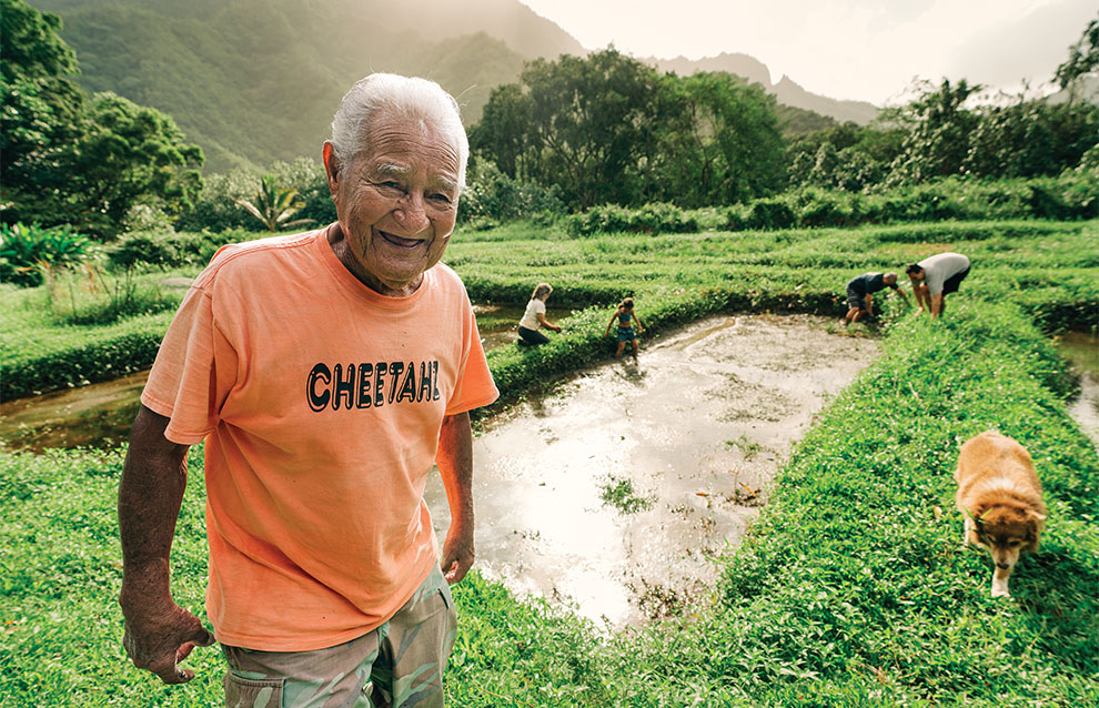 taro farmer smiles as his team harvests the root in patches in the background.